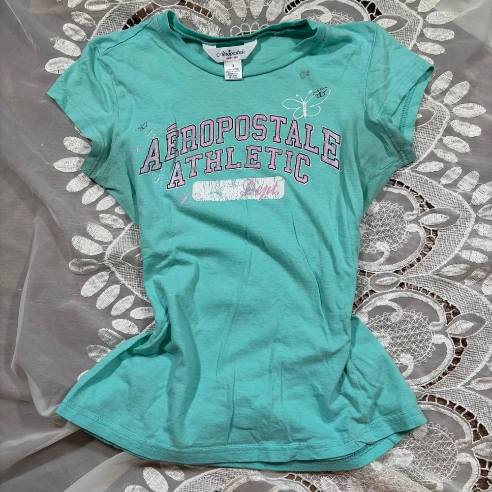Y2K Cute Aeropostale Athletic Dept Baby Tee Turquoise Blue Graphic T-Shirt Small